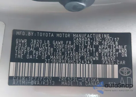 2017 Toyota Corolla Se from USA, damaged, VIN 2T1BURHE9HC924343